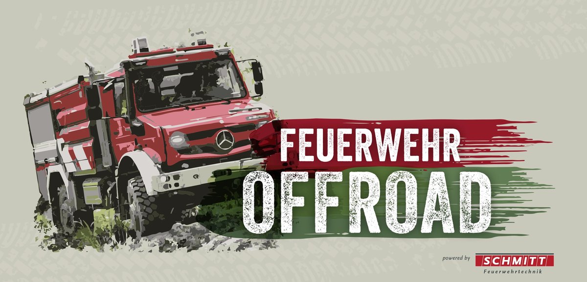 Bildmarke Feuerwehr Offroad mit geländegängigem Einsatzfahrzeug, powered by SCHMITT Feuerwehrtechnik